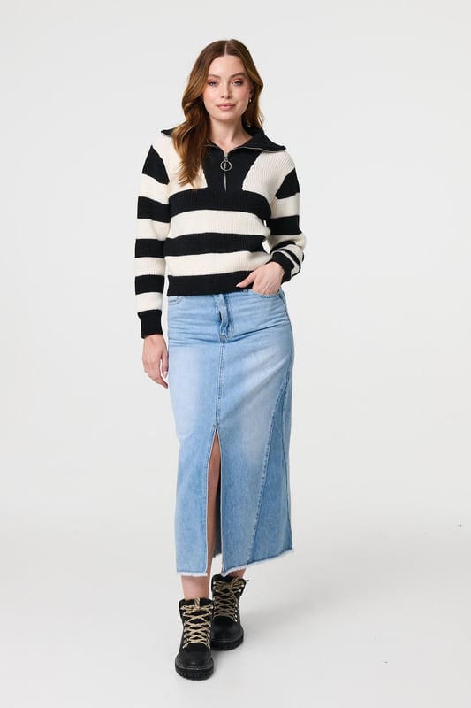 You can't go wrong wearing a casual 1/4 zip jumper. It has a high neck that can be fastened up with the handy zip, or opened to create a relaxed collar. It also has long sleeves, a slim fit and a hip length hem. Style with trousers and loafers for a professional look suitable for the workplace.