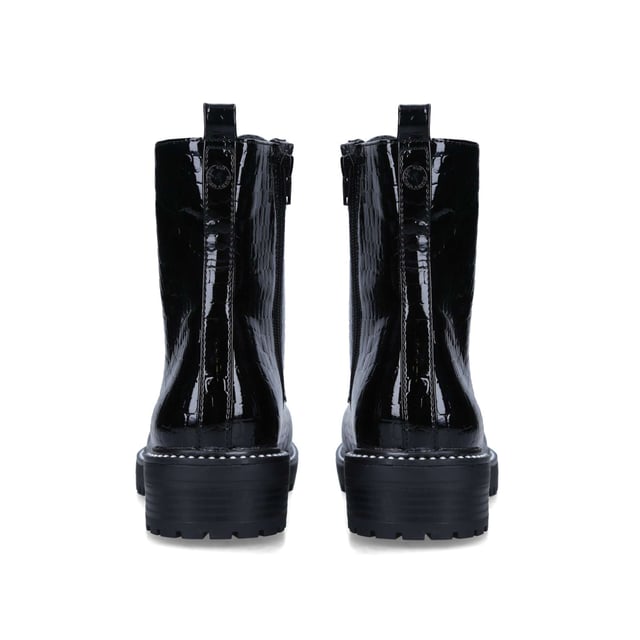 The Jamie2 ankle boot arrives in a black croc embossed pattern with lace up front. There is a small pull tab at the back of the ankle with zip details.Sole Height: 4cmConcealed zipper on the inner sideThis product contains a unique KG Kurt Geiger branded outsole design that has been created specifically for this styleThis product is registered with The Vegan SocietyMaterial: TextileStyle number: 8601800409