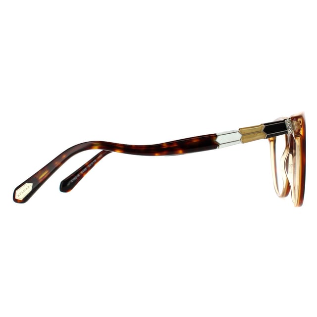 Bvlgari Cat Eye Womens Havana Amber Yellow Clear Glasses Frames Bvlgari are a lovely round shape with cats eye lift to the corners and some gorgeous ceramic detailing on the temples typical of the Bvlgari collection.