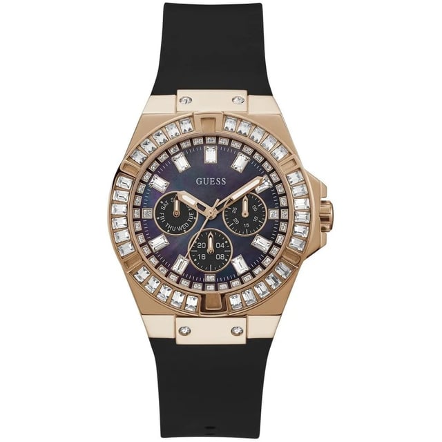 Diese Guess Venus Multi Zifferblatt Uhr für  Damen ist das perfekte Accessoire zum tragen oder verschenken. Ihr Rosagold 39 mm Rund Gehäuse kombiniert mit dem bequemen Schwarz Armband aus  Silikon garantiert, dass Sie diese atemberaubende Uhr kompromisslos genießen werden. Angetrieben von einem hochwertigen Quarz Uhrwerk und wasserdicht bis 5 bars, läuft Ihre Uhr stets weiter. Diese elegante, modische Uhr besetzt mit schönen steine ist ein perfektes Geschenk für Neujahr, Geburtstag, Valentinstag und so weiter  -Diese Analog Uhr verfügt über eine Kalenderfunktion: Tag - Datum, 24-Stunden-Anzeige, 24-Stunden-Anzeige Diese hochwertige Uhr hat ein Schwarz Silikon Band ( 19 cm Länge und 19 mm Breite) mit einer Dornschließe Gehäusedurchmesser: 39 mm,Gehäuse Höhe: 10 mm, Gehäusefarbe: Rosagold, Zifferblattfarbe: Perlmutt