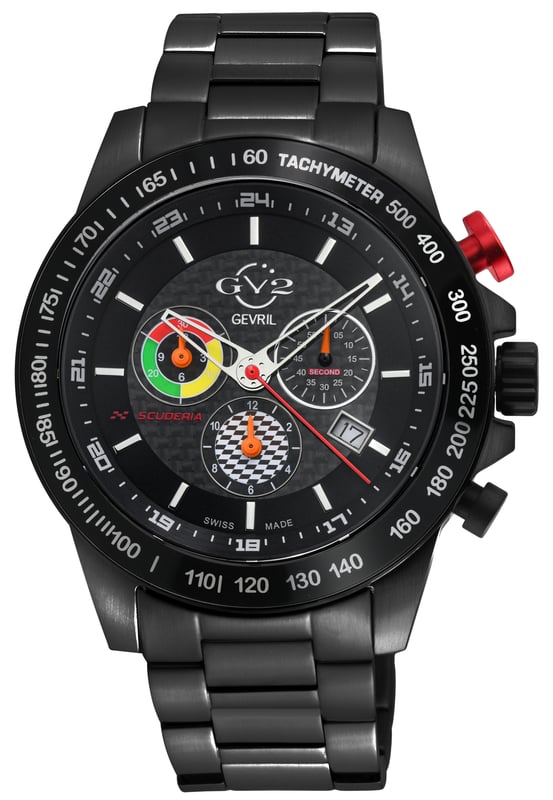 Der sportliche Chronograph Scuderia von GV2 ist die perfekte Ergänzung für alle, die auf Hochtouren laufen. Inspiriert vom italienischen Rennsport ist die Scuderia nicht nur rasant - ihr schlankes, gewagtes Design zieht bei jeder Geschwindigkeit die Blicke auf sich. Die wettkampftaugliche Krone mit dem Flaggenmuster der letzten Runde ist nur der Anfang. Das untere Hilfszifferblatt in Form einer Ziellinie ergänzt nahtlos die Markierungen und den Tachymeter auf der Lünette - ideal für die Berechnung von Geschwindigkeiten auf Sekundenbruchteile genau. Auf der Rückseite des Gehäuses ist eine Trophäe eingraviert, die der Scuderia einen gewinnenden Look verleiht. Die Scuderia ist nicht nur rassig, sondern auch mit den standardmäßigen Leistungsmerkmalen von GV2 ausgestattet: ein rundes 45-mm-Gehäuse mit entspiegeltem Saphirglas, eine Wasserdichtigkeit bis zu 100 Metern, ein IP/BLK 316L-Edelstahlarmband und ein Schweizer Quarz-Multifunktionswerk, die diesen Zeitmesser nahezu unverwüstlich machen. Sie fühlen sich mutig? Mit der Scuderia Collection sind Sie auf dem richtigen Weg.
GV2 9923B Herren Scuderia Quarz-Multifunktions-Chrono-Uhr
GV2 Schweizer Quarzuhr für Herren aus der Scuderia Kollektion
45 mm rundes 316L-Edelstahlgehäuse, Multifunktions-Chronographen-Tachymeterskala, ein Alarm, eine zusätzliche Zeitzone
Schwarzes Karbonfaser-Zifferblatt, Markierungen aus Weißgold
Zweites Hilfszifferblatt, Datumsfenster bei 4 Uhr
316l-Edelstahlarmband mit Faltschließe
Antireflektierendes Saphirglas
Wasserdicht bis 100 Meter/10ATM
Schweizer Quarz-Multifunktions-Chrono, Ronda 5130D mit Alarm