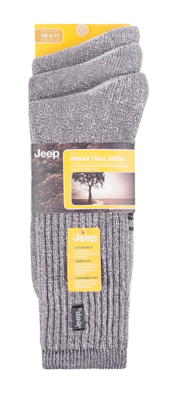 Jeep socks are crafted and designed for the great outdoors. For thick, durable, and reliable socks, these men's Jeep range socks are for you. This Jeep collection is designed for the active man who likes to spend his time in rugged terrain – with specialist socks available for hiking, walking and skiing. A selection of men's Jeep socks is also available in gift boxes, making them a great present for that active man in your life. For recreational pastimes and urban outdoor activities, these vintage-look socks are practical and comfortable for the great outdoors. Their fully ribbed and elasticated leg allows you to slip in your feet into these soft terry pile cushioned socks. For an enhanced level of support, these cotton rich socks feature a stretched ribbed band around the mid-foot and the arch for an improved fit. These socks easily absorb moisture and sweat, making them ideal to wear during long hikes or strenuous outdoor activities. These socks are made from 78% Cotton, 16% Polyamide, 6% Elastane. They are available in sizes 6-11 UK. They come in Black, Navy/Sky, Brown/Earth, Ecru/Charcoal. These socks are available in a pack of 3. They are machine washable at 40.