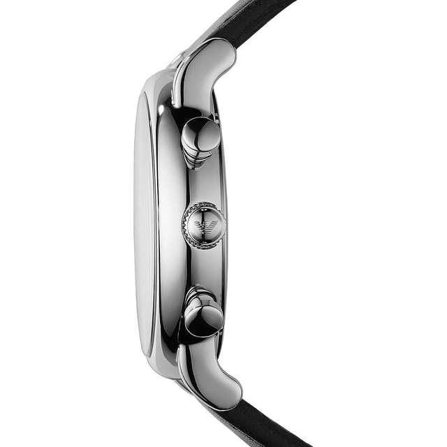 This Emporio Armani Luigi Chronograph Watch for Men is the perfect timepiece to wear or to gift. It's Silver 46 mm Round case combined with the comfortable Black Leather watch band will ensure you enjoy this stunning timepiece without any compromise. Operated by a high quality Quartz movement and water resistant to 5 bars, your watch will keep ticking. This classic chronograph watch gives a comfortable feeling with its leather strap, it's perfect for every occasion -The watch has a calendar function: Date, Stop Watch, 24-hour Display, Luminous Hands High quality 21 cm length and 21 mm width Black Leather strap with a Buckle Case diameter: 46 mm,case thickness: 12 mm, case colour: Silver and dial colour: Black