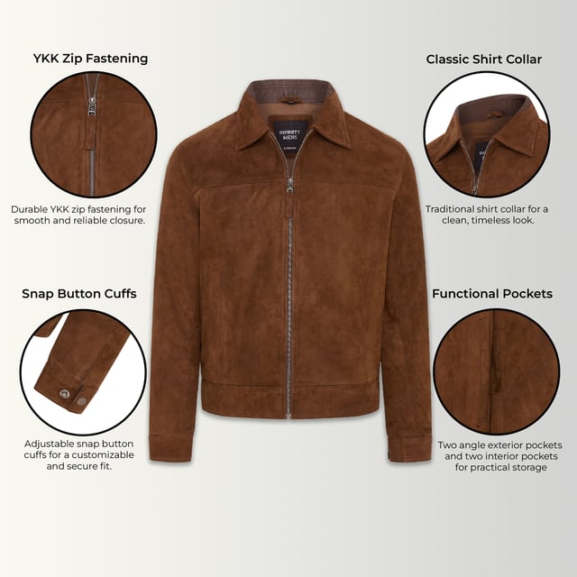 This Men's Retro Harington Biker Jacket is the perfect blend of classic style and modern sophistication. Made from 100% premium goat suede leather, it features a sleek, short-length design and a stylish shirt collar. The YKK zip front and buttoned cuffs allow for a customizable fit, while the biker silhouette adds a touch of edge to any outfit. Ideal for all occasions, this jacket is a must-have addition to any man’s wardrobe, offering both style and comfort.

Crafted from 100% premium goat suede leather
Stylish short-length design with a shirt collar
YKK zip front for secure and smooth closure
Buttoned cuffs for adjustable, tailored fit
Classic biker silhouette for a bold look
Versatile and perfect for casual or formal wear
Durable and comfortable for all-day wear