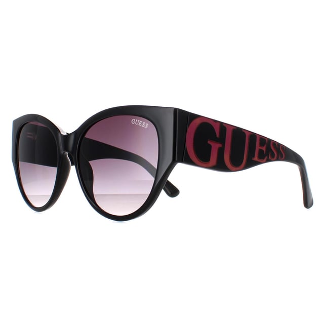 Guess Cat Eye Womens Shiny Black Smoke Gradient GF6118  Sunglasses are a cat-eye style crafted from lightweight acetate. The brand's logo is showcased on the temples for authenticity.