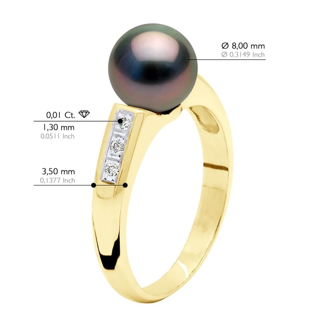 Ringsmycke Diamant 0,06 Cts (6 x 0,01 Cts - Kvalitet Hsi ) - Gult guld - Äkta odlad TAHITI pärla rund 8-9 mm - finns i storlek jämna nummer från 48 till 62 - Levereras med äkthetscertifikat och internationell garanti - MADE IN FRANCE