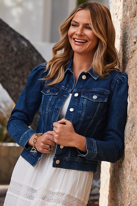 River island mid blue puff shoulder denim jacket best sale
