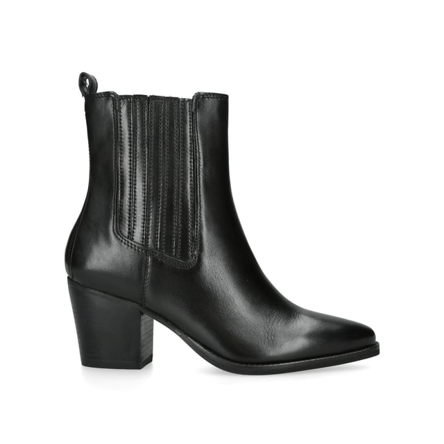 The Carvela Rodeo is a cowboy style boot featuring a black leather upper with elasticated ankle for comfort when slipping on. The nail of the ankle features a small pull tab and Icon C stud. Heel height: 70mm