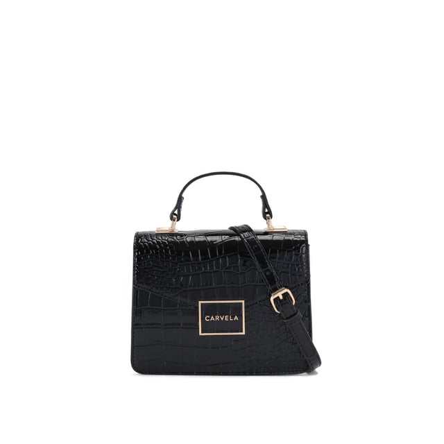 This Jessica Top Handle Bag features a black exterior with large croc print. There is a gold branded plate on the front flap.15cm (H), 17cm (L), 7cm (D). Strap length: 125cm. Gold tone chain strap with two inserts.