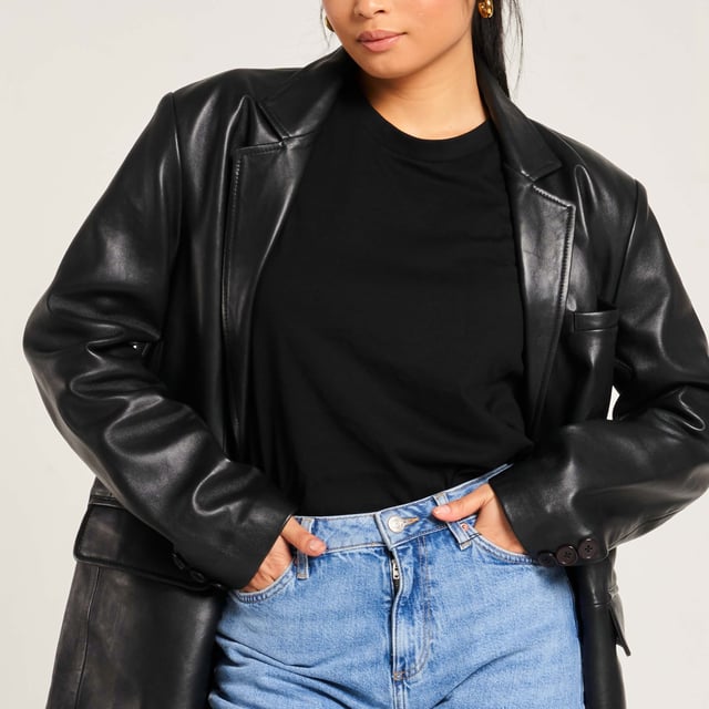 Barneys Originals Real Leather Oversized Blazer In Black.