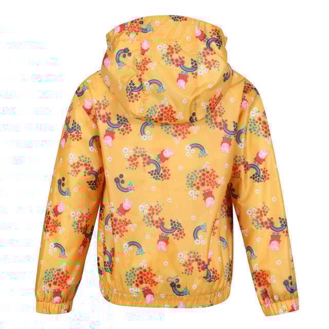 Material: 100% Polyester. Fabric: Hydrafort. Lining: Mesh, Polyester, Taffeta. Design: Badge, Cartoon, Crest, Floral. Trim: Reflective. All-Over Print, Lined, Printed Name label, Taped Seam. Fabric Technology: DWR Finish, Waterproof. Cuff: Elasticated. Neckline: Hooded. Sleeve-Type: Long-Sleeved. Hood Features: Elasticated, Grown On Hood. Length: Hip Length. Pockets: 2 Lower Pockets. Fastening: Full Zip. Hem: Elasticated. 100% Officially Licensed. Characters: Peppa Pig.