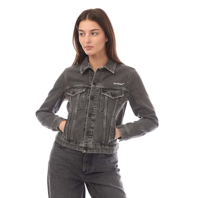 Womens Off White Diagonal Regular Denim Jacket in dark grey - white.- Classic collar.- Full button placket with branded metal shanks.- Long sleeves with buttoned cuffs.- Off-White logo printed at left chest.- Diagonal graphic on reverse.- Button-flap chest pockets.- Front welt pockets.- Back waist tabs.- Off-White™ label at back waist.- Main material: 100% Cotton.  Lining: 65% Polyester  35% Cotton.  Machine washable.- Ref: OWYE0120010701