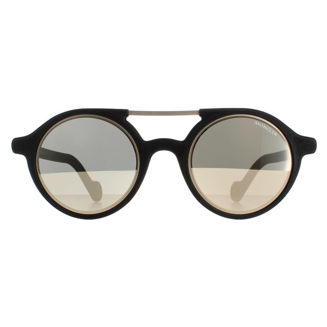 Moncler Round Unisex Rubber Black Silver Mirror  ML0083  Sunglasses are a modern style crafted from lightweight metal. These feature a perfectly round lense encased in a thick acetate frame and a tidy double bridge. The Moncler logo embellishes the temples.