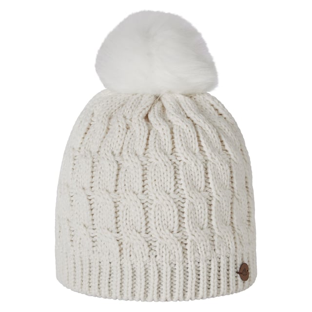 Material: Acrylic, Polyester. Fabric: Cable Knit, Chunky, Knitted, Yarn. Lining: Microfleece. Design: Logo, Textured. Faux Fur Pom Pom. Fabric Technology: Insulating. Sustainability: Made from Recycled Materials. Ribbed Hem.