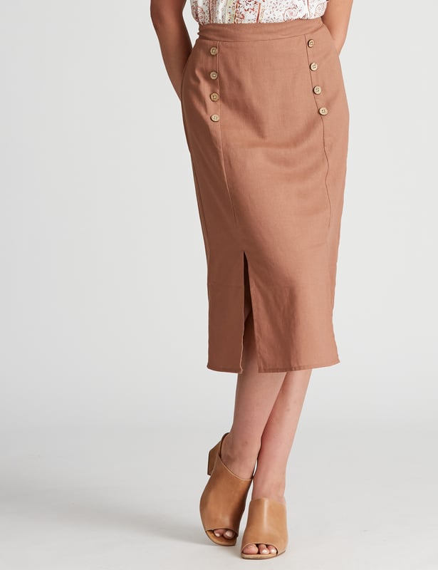 Fitted brown pencil skirt sale