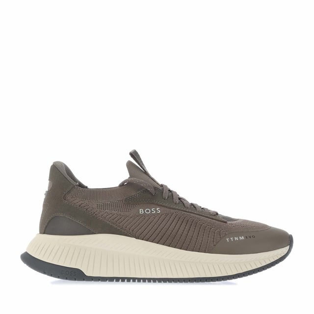 Crafted in a combination of materials  including leather trims  these running-style BOSS Menswear trainers strike a distinctive profile. Lightweight ridged outsole. Knitted uppers for enhanced comfort and fit. This product contains at least 60% better raw materials. This product is partly created with recycled polyester. We at HUGO BOSS prefer recycled polyester from pre- and post-consumer textile waste and do our best to phase out polyester from PET bottles.
