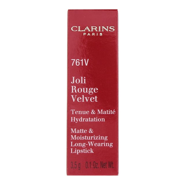 Clarins Joli Rouge Velvet Long- Wearing Lipstick, enriched with organic Salicornia extract and mango oil, moisturises and nourishes the lips. The long-wearing, satin finish colour stays on for 6 hours.