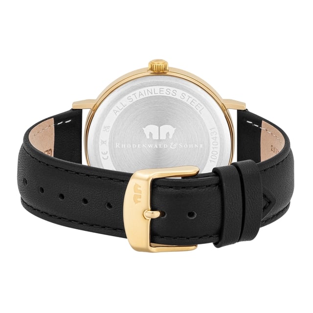 Elegant purism in the style of traditional watchmaking art: This men's watch of the Rhodenwald & Sons manufacture is an accessory for men with high demands on design and functionality. The puristic dial comes out with a few design elements and is reduced to filigree Roman digits and line indices, a minute and date display. The robust stainless steel case is refined with yellow gold and forms a warm shimmering frame for the dial - a highlight on every wrist. The real leather strap with color -coordinated seam ensures the best wearing comfort.