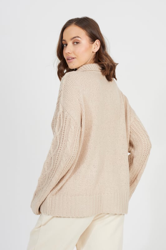Stone V-Neck Cable Knit Jumper