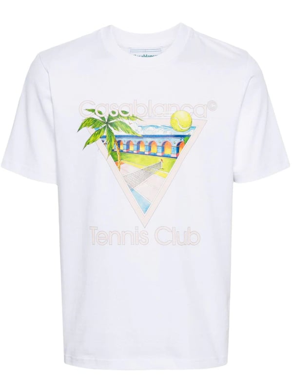 Casablanca's graphics often depict a fantastical world of sporty utopian scenes – the illustrative print on this organic cotton T-shirt portrays a Mexican-inspired landscape with a tennis court in the middle.