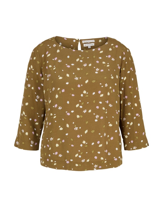 Gedessineerde blouse met boothals en 3/4 mouwen van zuivere viscose.
