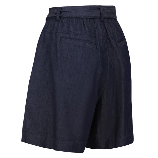 75% viscose, 25% linnen. Stof: Coolweave, Denim Look, Kledingstuk gewassen, Linnen. Ontwerp: Logo, eenvoudig. Zakken: 2 Achterzakken. Stoftechnologie: Ademend, Zacht. Stropdasriem. Lengte: Boven de knie. Taille: Papieren zak.