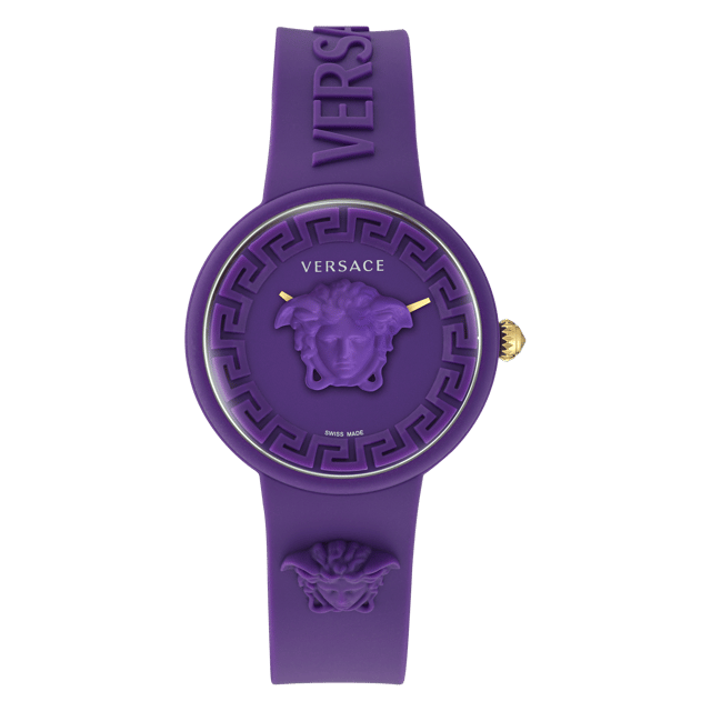 This Versace Medusa Pop Analogue Watch for Unisex is the perfect timepiece to wear or to gift. It's Purple 39 mm Round case combined with the comfortable Purple Silicone watch band will ensure you enjoy this stunning timepiece without any compromise. Operated by a high quality Quartz movement and water resistant to 3 bars, your watch will keep ticking. This high quality watch is an incredible eye-catching Unisex watch. This Analogue watch has a has a Swiss Made Movement High quality 20 cm length and 18 mm width Purple Silicone strap with a Buckle Case diameter: 39 mm,case thickness: 12 mm, case colour: Purple and dial colour: Purple