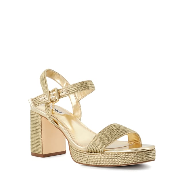 Give your look a glamorous edge with Kolden  metallic braided wedge sandals. Designed with a high wedge heel and a classic sandal toe  this style is ideal for weddings  weekend plans  and beyond. Featuring a gold-tone buckle closure and crossover straps.