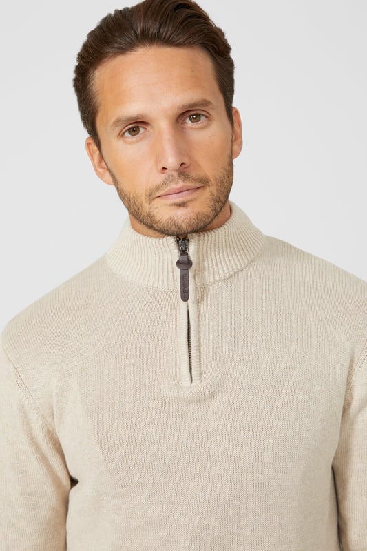Pure Cotton Half Zip Funnel Jumper from Maine. Super-soft in texture and made from the premium fabrics, opt for this smart men's funnel jumper. Boasting cosy long sleeves, a high collar neckline with a zip-up front and a tailored cut finish for the perfect fit. Crafted from 100% Cotton. Wash at 40. Model wears a Size M.