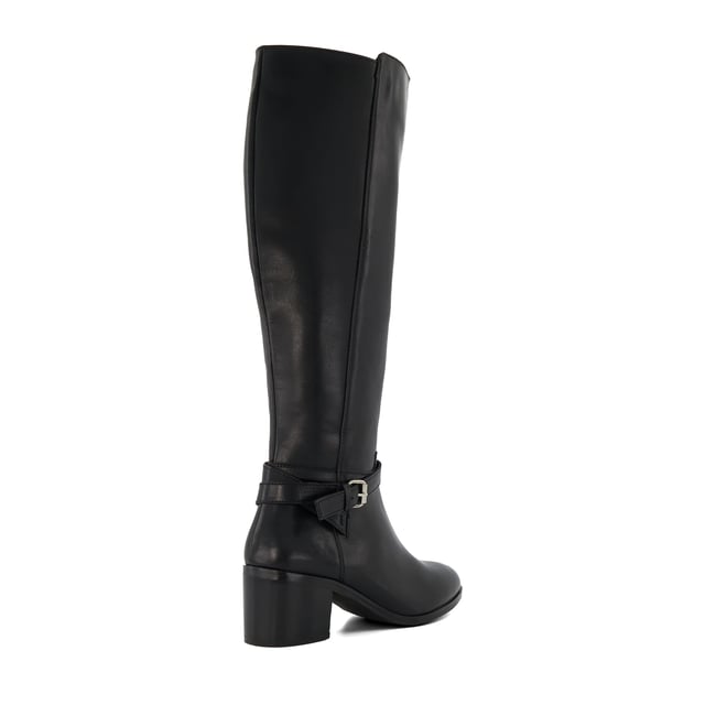 Womens Dune Trusti Casual Knee-High Boots in black.- Leather upper.- Side zip fastening.- Buckle fastening.- Low block heel.- Rubber sole.- Ref: 00895104903484