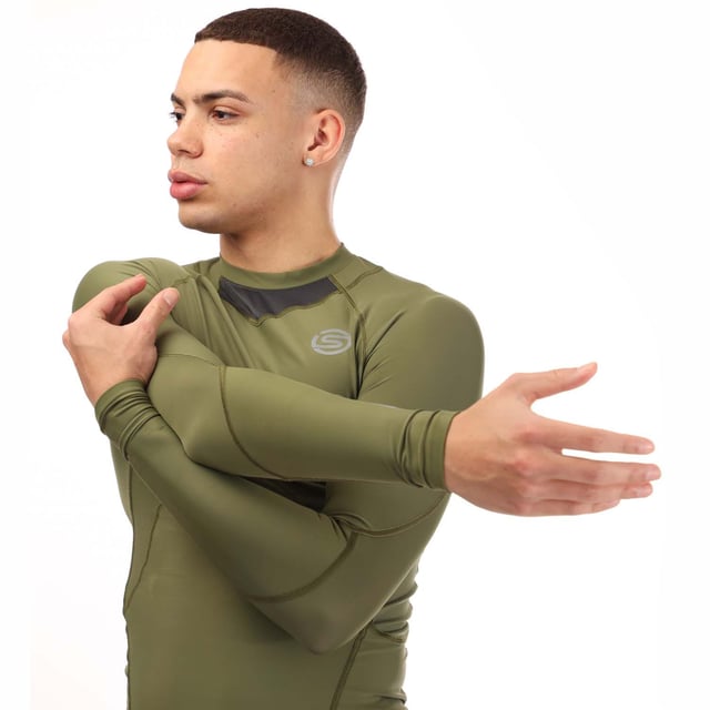 Mens Skins Series-3 Long Sleeve Top in khaki.- Round neck.- Long sleeves.- Mesh panelling for improved breathability and movement.- Silver reflective logos.- 76% Nylon  24% Elastane.- Ref: ST0030050573