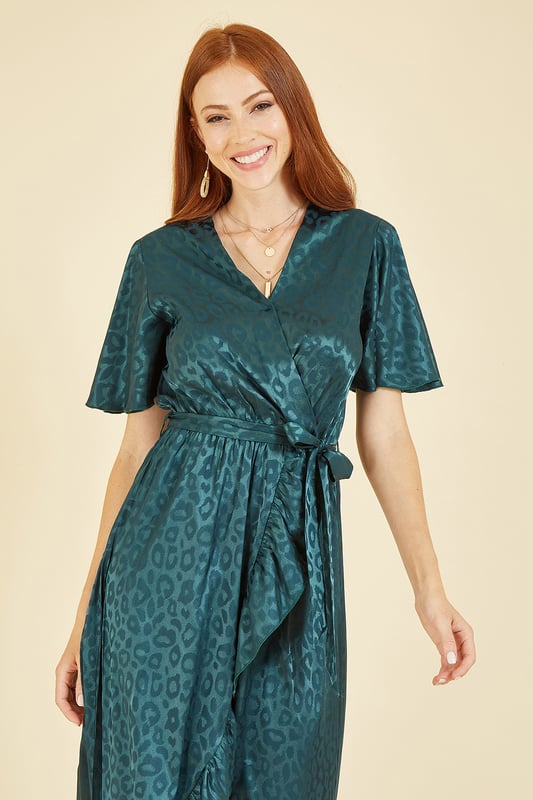 Green satin leopard print wrap dress online