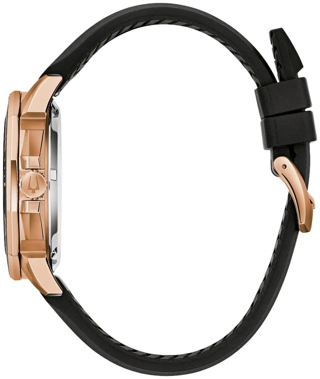 This Bulova Marine Star Analogue Watch for Men is the perfect timepiece to wear or to gift. It's Rose Gold 44 mm Round case combined with the comfortable Black Rubber watch band will ensure you enjoy this stunning timepiece without any compromise. Operated by a high quality Quartz movement and water resistant to 20 bars, your watch will keep ticking.