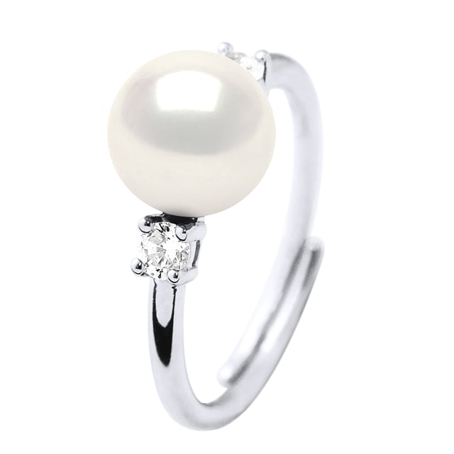 Ring med odlade sötvattenspärlor 7-8 mm - 0,31 in - Solitär av zirkoniumoxid 925 Sterling Silver Rhodiumpläterad - Naturvit Färg och storlek justerbar - Våra smycken är tillverkade i Frankrike och levereras i en presentask tillsammans med ett äkthetscertifikat och internationell garanti
