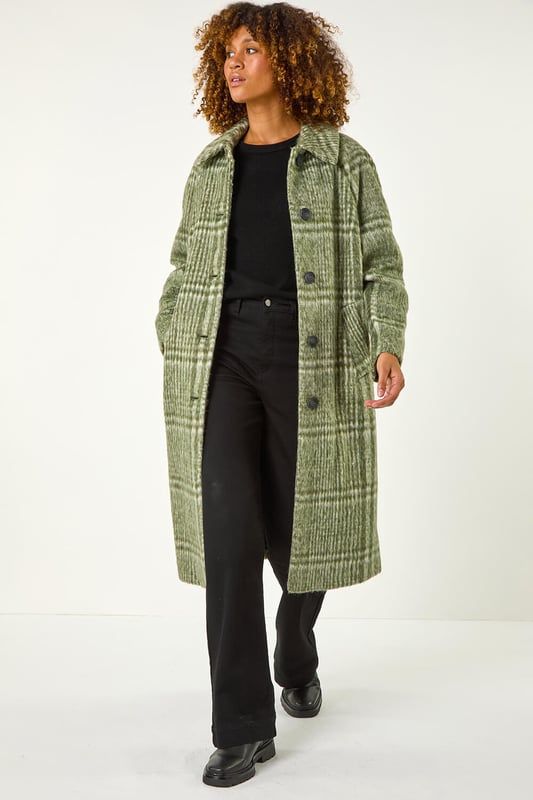 Brush Check But Coat from Roman. Wrap up in style this Autumn Winter with our trendy brushed check print coat. The front button opening adds a classic touch, while the side welt pockets are both practical and stylish. Designed with a collar and rever style, this coat features long raglan sleeves for a comfortable fit. Crafted from a comfortable woven fabric and fully lined for extra warmth, this coat is versatile and on-trend. Perfect for layering throughout the seasons, pair with trousers and boots for a smart style statement.