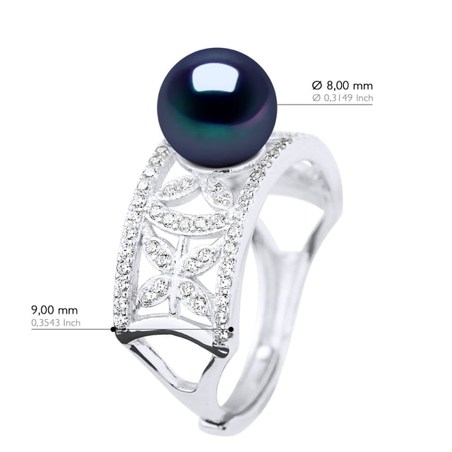Ring Jewelry - Real Cultured Freshwater Pearl Round 8-9 mm - Jewelry Paving Cubic Zirconia Silver 925 Rhodium plated - COLOR "BLACK TAHITIAN STYLE" - Size adjustable from Size 48 to Size 62 - Delivered in box and with its Certificate of Authenticity and International Guarantee - MADE IN FRANCE