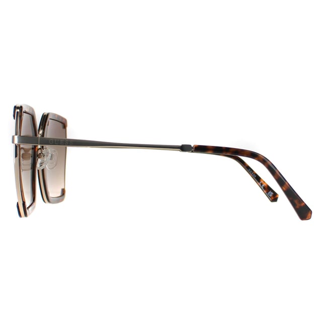 Guess Rimless Womens Dark Havana Brown Gradient GF0418  Sunglasses are a stylish rimless silhouette that radiates confidence and style, perfect for making a bold fashion statement. Meticulously crafted with a lightweight yet durable frame, these sunglasses prioritize both comfort and enduring style, while the iconic Guess logo discreetly embellishes the temples, embodying superior craftsmanship and refined taste. Not just a fashion accessory, these sunglasses offer top-tier eye protection with high-quality lenses ensuring superb UV protection, delivering clarity and reducing glare.