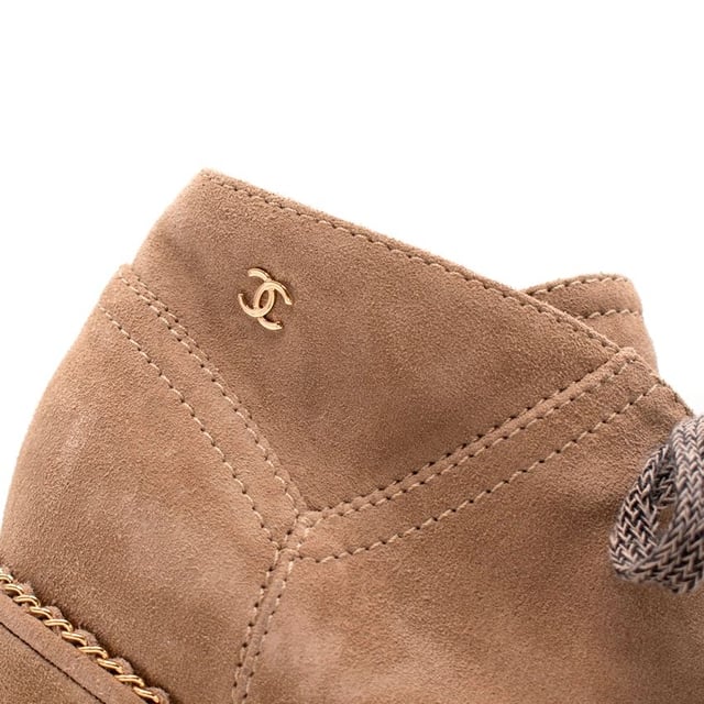 Chanel Sandy Brown Suede Lace Up Wedge Booties