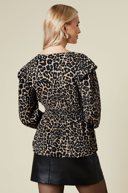 Animal Ruffle shoulder shirred waist long sleeve top