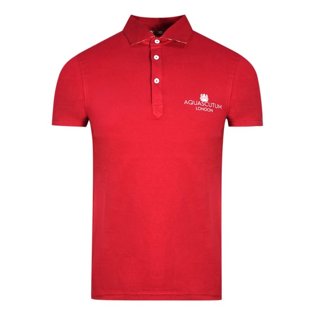 Aquascutum London Bold Logo Red Polo Shirt. Aquascutum Red Polo Shirt. Branded Logo, Short Sleeves. Stretch Fit 95% Cotton 5% Elastane. Regular Fit, Fits True To Size. Style Code: QMP041 32