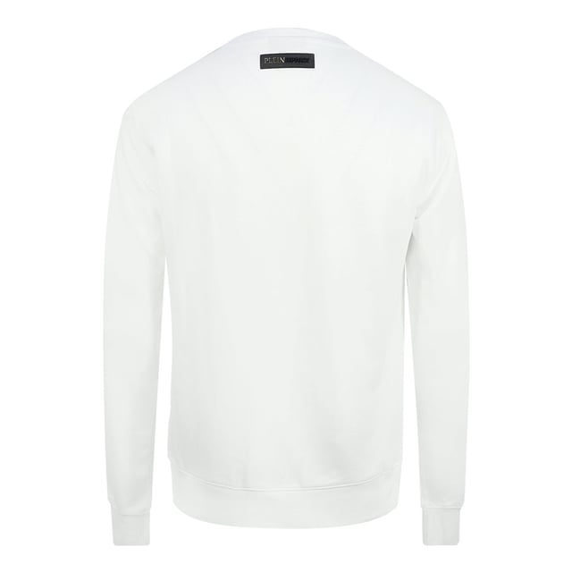 Philipp Plein Sport oranje vet logo witte trui. Philipp Plein Sport witte trui. 51% katoen 49% polyester, lange mouwen, ronde hals. Grote Plein-branding op de voorkant. Badges met Plein-merk, elastische taille en mouwuiteinden. Stijlcode: FIPS211 01