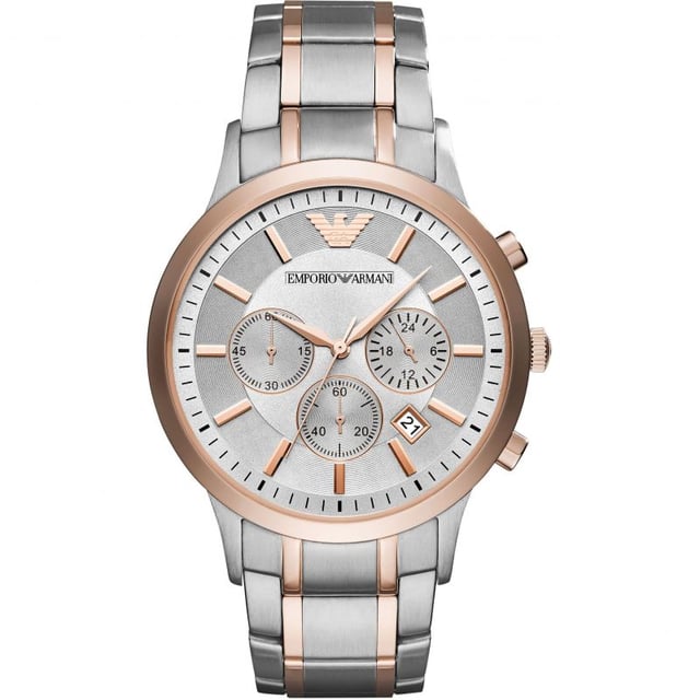 Emporio Armani AR11077 EAN 4053858895331 - Renato zweifarbige Herrenuhr mit Chronograph in Roségold. Batteriebetriebenes Quarzwerk mit drei Hilfszifferblättern und einer Chronographenanzeige.