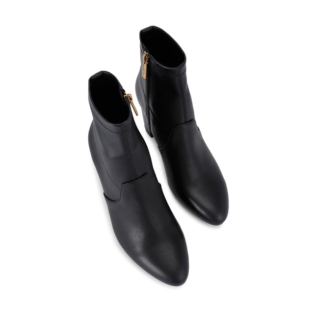 The Kurt Geiger Langley Ankle Boot features a black leather upper. The ankle features a zip closure and antiqued brass eagle head on the back. Heel height: 8cm.