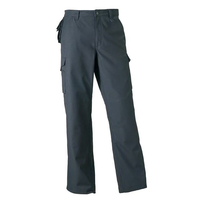 Suitable for 60°C wash and specially designed to last in physically demanding work environments. Hardwearing trousers combine contemporary cut with excellent fit and versatile pockets. DuPont Teflon® fabric protector. Triple stitched inner leg seams and pocket openings. Reinforced seat area. 2 back pockets, one open, one with flap. Cargo pockets on both legs, with practical compartments on right leg. Mobile phone pouch below waistband. YKK zip. Internal pockets for knee pads (21cm x15cm max). Trousers provide ample room for decoration. Weight: 260g/m². Fabric: 65% Polyester, 35% Cotton. RUSSELL WORKWEAR - complete choice when creating your company identity. Combining garments to create a workwear solution that covers your specific demands.
