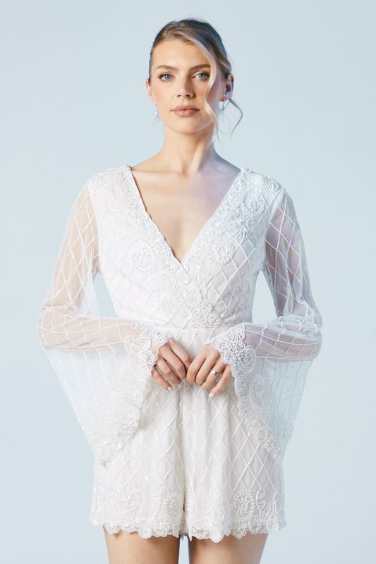 Tie Back Scallop Edge Embellished Bridal Playsuit