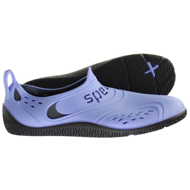 Made for around the pool or on the beach, these water shoes are great for protecting your feet and preventing slipping in wet areas. Made from soft, comfortable materials and with handy tabs at the back to help you put them on easily. 
Features: 
Shock-absorbing sole construction 
High grip on wet surfaces 
Outer Material: Synthetic 
Inner Material: Unlined 
Sole: Rubber 
Closure: Pull On 
Heel Type: No Heel 
Material Composition: 100% EVA 
Shoe Width: Medium 
PVC-free, made from recyclable Mengol