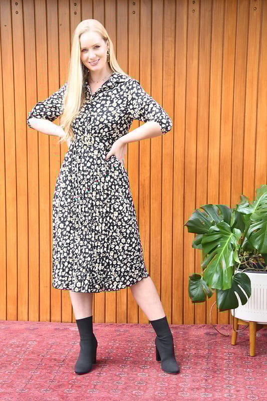 Mela Black Ditsy Daisy Pleated Midi Dress With Gold Buckle Belt