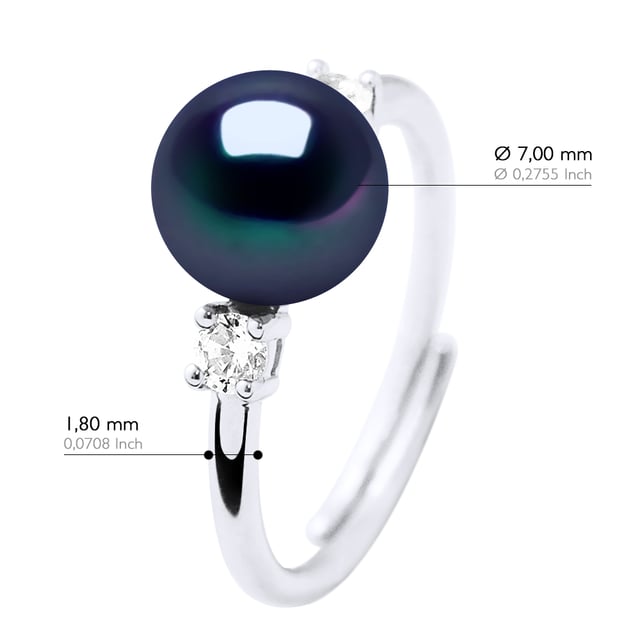 Ringsmycke - Äkta odlad sötvattenspärla rund 7-8 mm - Smycke Solitaire Cubic Zirconia - Silver 925 Rhodiumpläterad - FÄRG \"BLACK TAHITIAN STYLE\"- Storlek justerbar från storlek 48 till storlek 62 - Levereras i ask och med sitt äkthetscertifikat och internationella garanti - MADE IN FRANCE