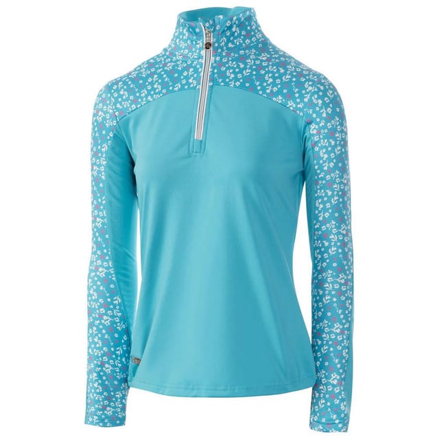 92% Polyester, 8% Elastan. Gewebetechnik: Atmungsaktiv, Leicht, Feuchtigkeitsabweisend, Schnell trocknend. Gewebe: 4-fache Dehnrichtung. Design: Kontrast Detail, Floral, Ärmeldruck. 1/4. Kontrastpaspel, Hinten länger geschnitten, Metallabzeichen, Reißverschluss Lasche. Geeignet für: Stickerei. Hoch geschnitten. Langärmlig. S: 102 cm. M: 107 cm.
