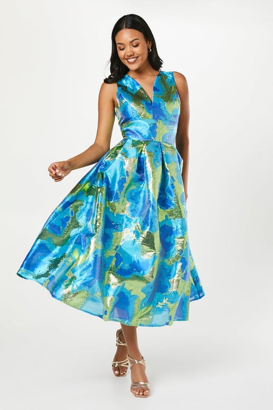 Plunging jacquard midi dress deals
